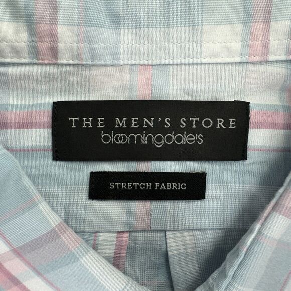 Bloomingdales Mens Casual Stretch Plaid Slim Fit Button Down Shirt Light Blue L - Picture 3 of 5